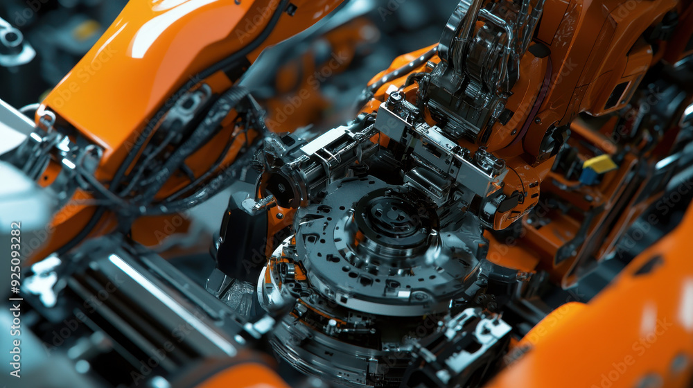 Poster close-up of an assembly robot precisely installing car components