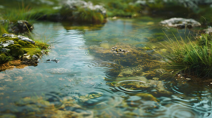 Fototapeta premium One floor of many cascade waterfall with beautiful water in a forest surrounded by plants