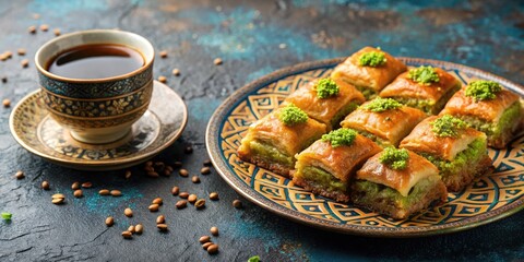 Traditional Turkish sweet dessert baklava served with a cup of Turkish coffee, Turkish, sweet, dessert, baklava, coffee