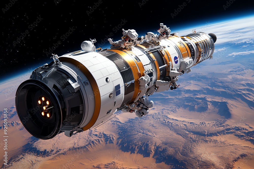 Poster A futuristic spaceship orbits a planet, showcasing advanced technology and a vision for space exploration.