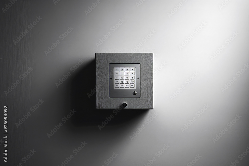 Poster minimalist image of a small, closed safe with a digital keypad, centered on a smooth, monochromatic 