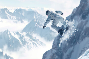 Thrilling Winter Sports Event Banner Featuring Snowboarders Mid-Air Against Snow-Covered Mountains with Dynamic Poses and Bright, Clear Sky for an Energetic Atmosphere
