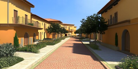 Naklejka premium A narrow cobblestone street lined with buildings in a Mediterranean style