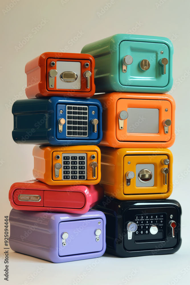 Aufkleber stacked mini safes in various colors, each with a unique keypad, representing personal and customiza