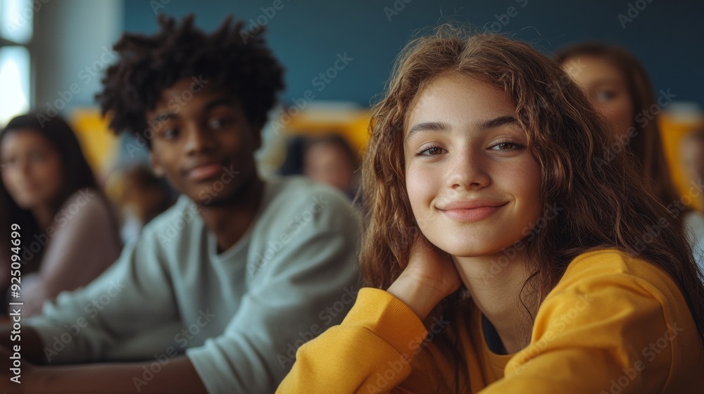 Poster cheerful students engage in a lively classroom discussion, radiating enthusiasm and camaraderie in a