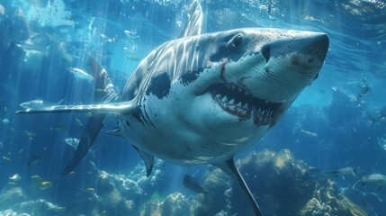 Fototapeta premium A large shark swimming underwater with a visible fin and open mouth.