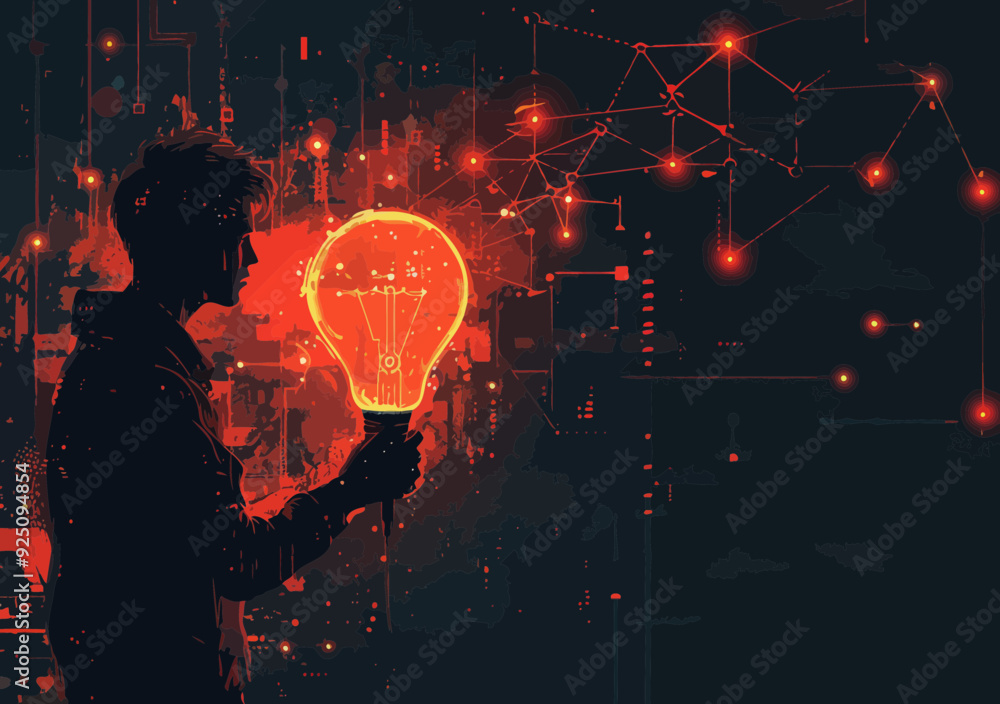 Poster innovative inventor illuminating ideas: creative process of invention at night, minimalistic vector 