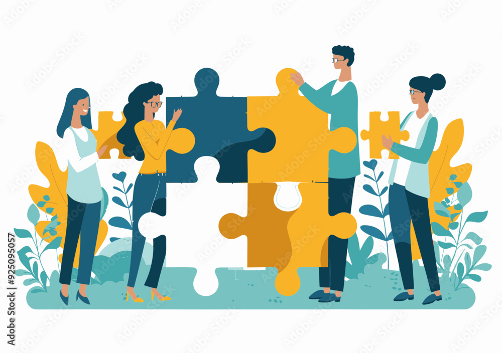 Poster diverse team collaborating to solve puzzle elements, concept of teamwork and problem solving, minima