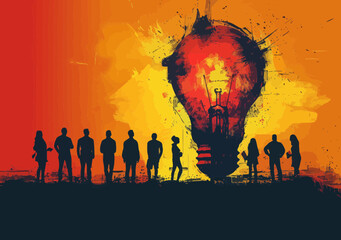 Fototapeta premium Silhouettes Discussing New Ideas Around Giant Light Bulb Illustration, Business Brainstorming Session, Creative Collaboration, Vibrant Colors, Conceptual Art