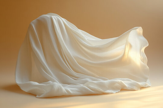 A fresh linen sheet blowing in the breeze, isolated on a pastel beige background, symbolizing the essence of clean freshness,