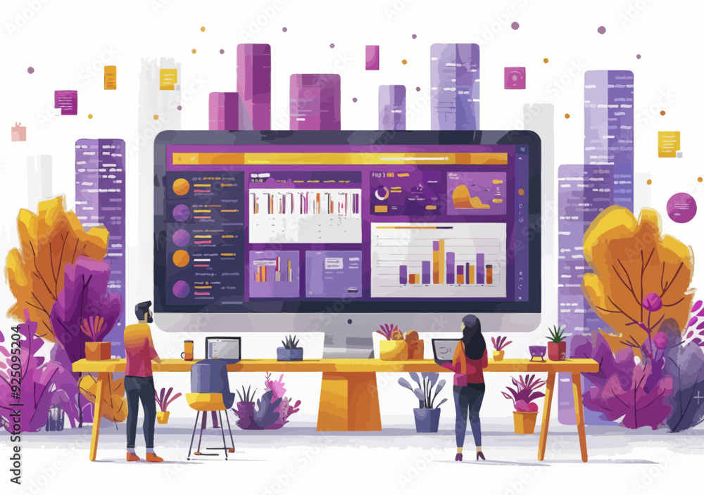 Poster team analyzing web development data on giant monitor in modern office setting - vector illustration