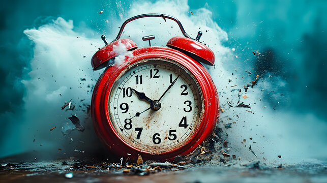 Vintage red alarm clock exploding into fragments amid a chaotic stormy environment with water splashing and destruction around it representing the pressure of a looming deadline or urgent situation
