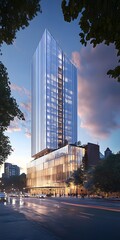 Fototapeta premium Modern Glass Office Building in City at Dusk