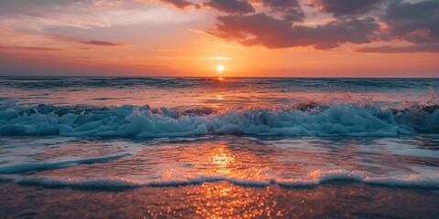 A captivating scene of vibrant sunset casting beautiful hues over the tranquil ocean waves gently kissing the shoreline.