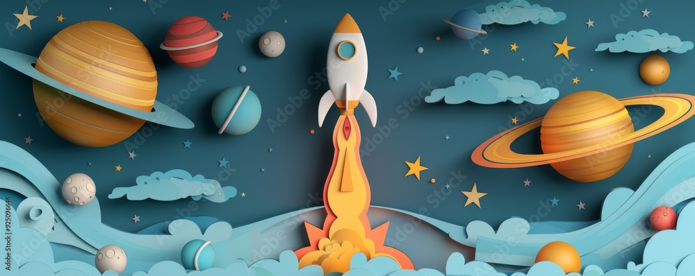 Poster rocket taking off amidst colorful waves and planets in a vibrant outer space scene