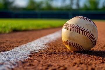 A baseball rests near the foul line on a well-maintained field under a clear sky, signifying sportsmanship and outdoor fun.