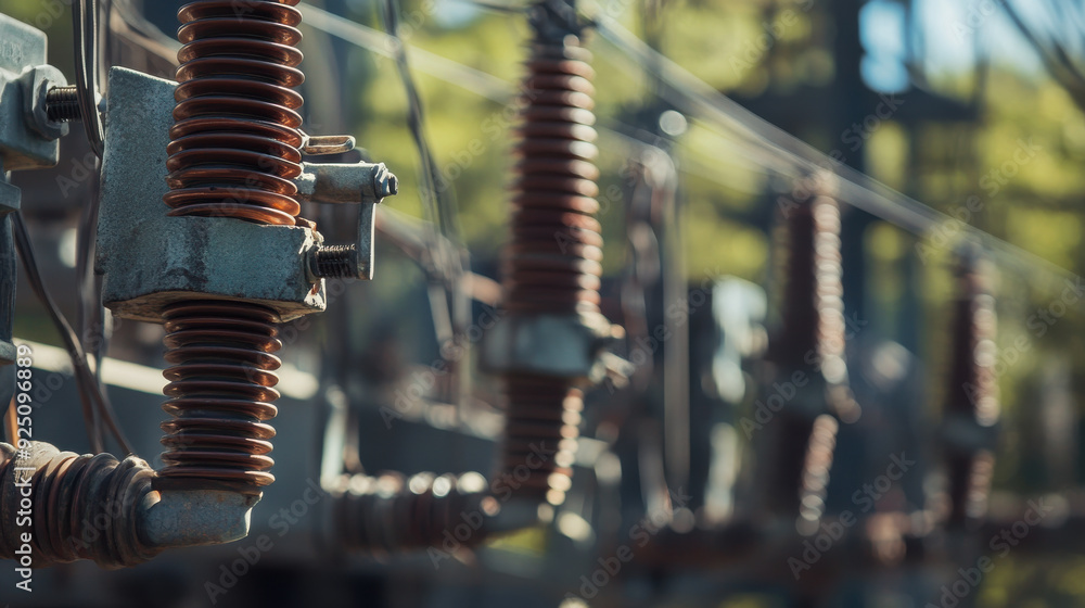 Poster close-up of high-voltage insulators and power lines, emphasizing infrastructure and maintenance
