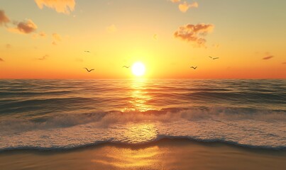 3D Summer Sunset at the Beach with Golden Hues and Silhouetted Seagulls