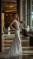 Fototapeta premium An elegant bride in a luxurious white wedding dress with delicate lace details poses gracefully. Wedding fashion portrait, wedding dress design and modern wedding photography concept.