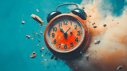 A fragmented alarm clock shattered and scattered depicting the intense pressure chaos and urgency of a disrupted time sensitive moment