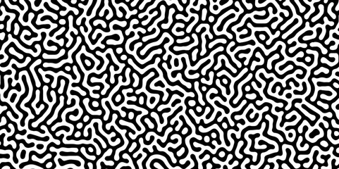 Abstract Turing organic wallpaper with background. Turing reaction diffusion monochrome seamless pattern with chaotic motion. Natural seamless line pattern. Linear design with biological shapes.