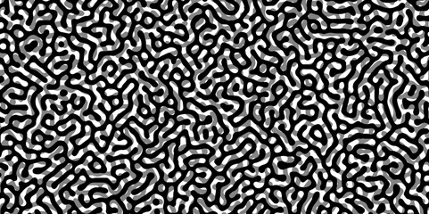 Abstract Turing organic wallpaper with background. Turing reaction diffusion monochrome seamless pattern with chaotic motion. Natural seamless line pattern. Linear design with biological shapes.