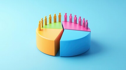 Colorful pie chart representation showing demographic data with people figures. Suitable for statistical presentations and analysis.