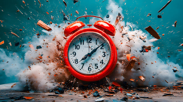 Exploding alarm clock with shattered pieces and smoke representing the concept of time pressure crisis urgency and the need to act quickly to address a pressing situation or deadline