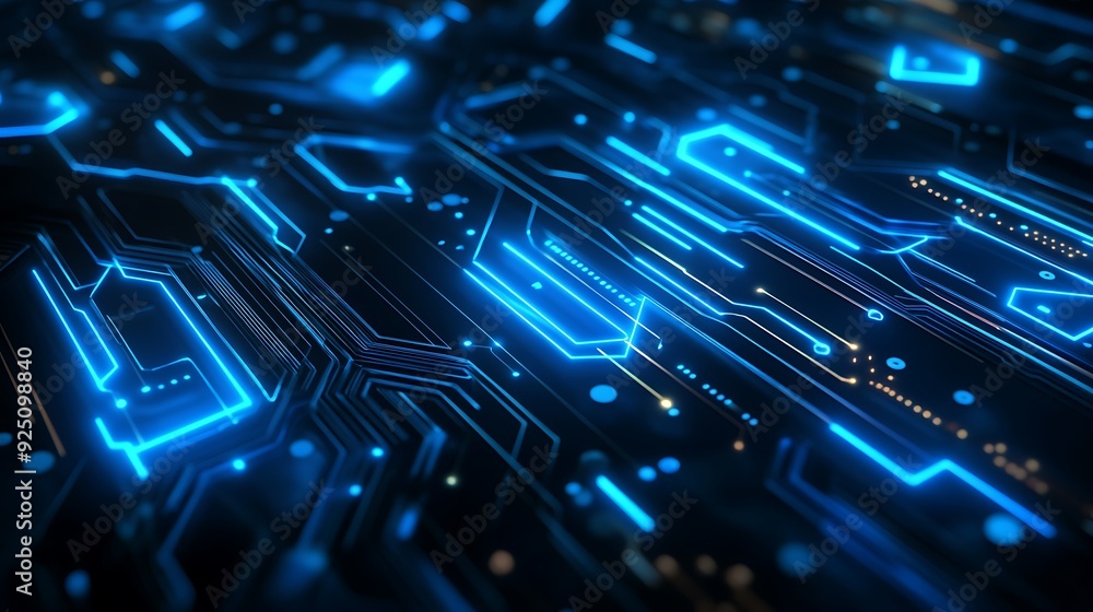Poster futuristic technology abstract background with glowing blue circuits and nodes