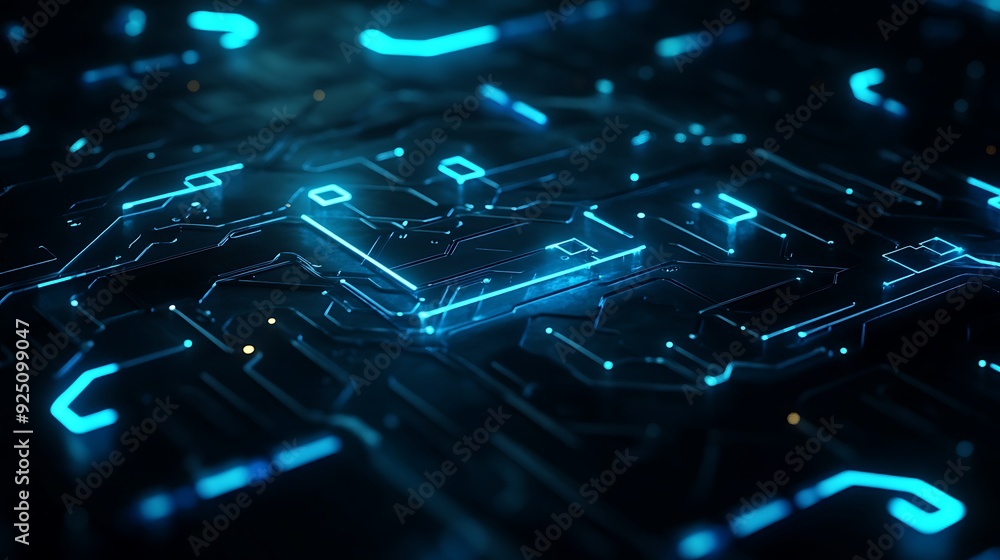 Poster futuristic technology abstract background with glowing blue circuits and nodes
