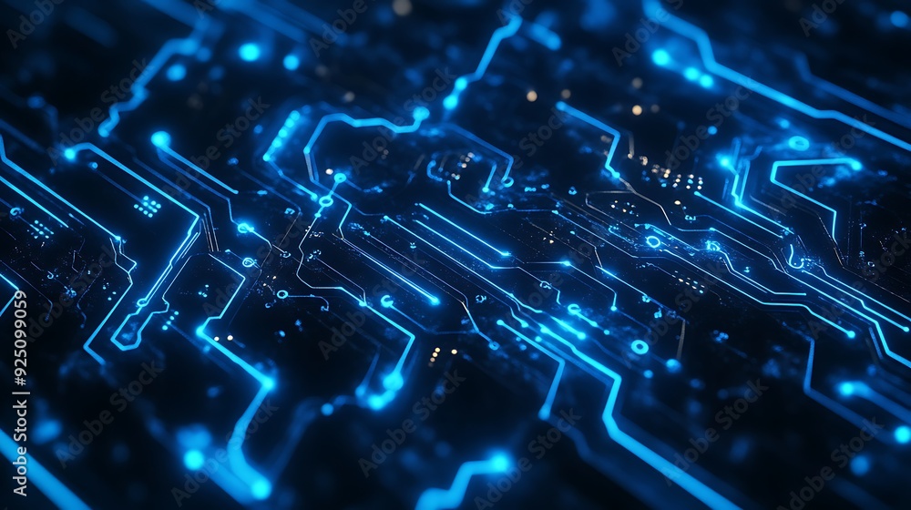 Poster futuristic technology abstract background with glowing blue circuits and nodes