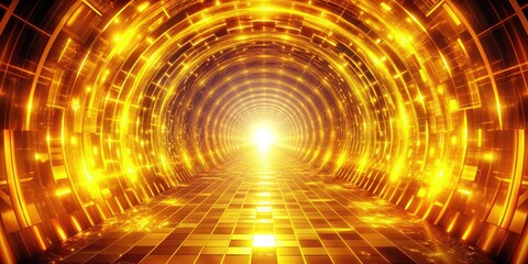 Obraz premium Shiny yellow fire energy tunnel with hi-tech futuristic design, abstract background, shiny, yellow, fire, energy, tunnel