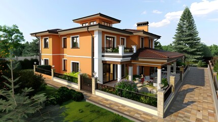 Obraz premium Modern Orange House with Large Backyard