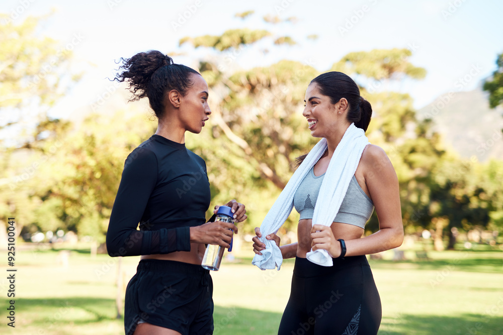 Canvas Prints Break, fitness and talking with woman friends outdoor in park together for conversation or performance. Exercise, health and smile with happy athlete people speaking in nature for training challenge