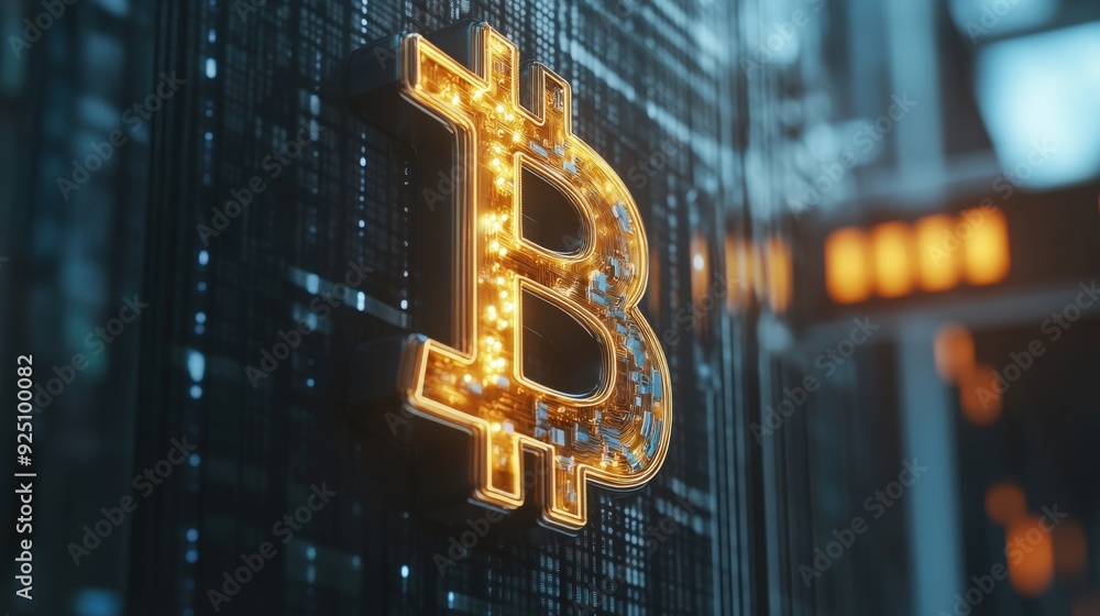 Aufkleber a glowing bitcoin symbol is prominently displayed against a backdrop of digital patterns, emphasizin