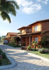 Fototapeta premium Mediterranean Style Home with Palm Trees and Cobblestone Driveway