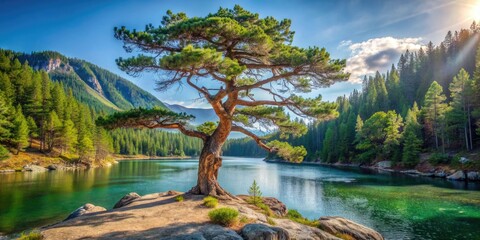 Majestic twisted pine tree standing tall in serene forest beside clear river on rocky shoreline, majestic