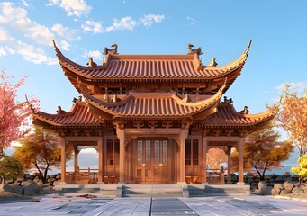 Fototapeta premium Traditional Chinese Wooden Pagoda Architecture with Autumn Foliage