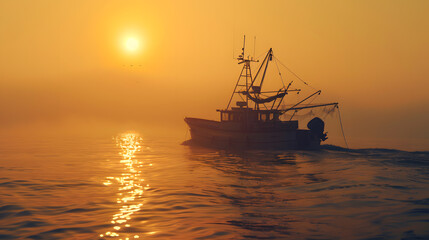 Obraz premium Fishing boat at sunrise on calm ocean