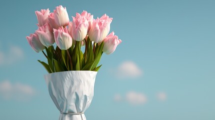 Obraz premium A beautifully arranged bouquet of pink tulips wrapped in white paper is set against a soft blue sky with light clouds, creating a soothing and visually appealing composition.