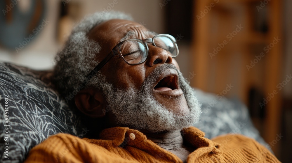 Poster an elderly man with a beard relaxes on a couch, clearly enjoying a peaceful nap in the warmth of aft
