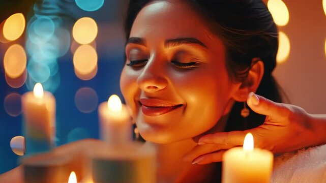 In cosy candlelight, a couple clientele relishes a soothing head massage and luxurious facial beauty skin rejuvenation.