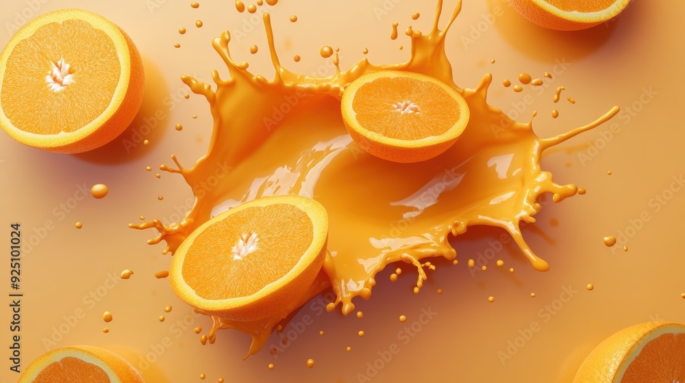 Poster a splash of orange juice with a few slices of orange floating in it