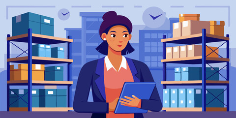 Woman warehouse manager with a tablet in her hands against the background of racks with goods. Vector illustration
