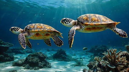 Obraz premium Two turtles swim under the sea against a coral reef.