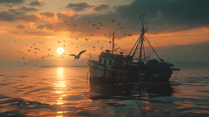 Obraz premium Fishing boat at sunset surrounded by birds