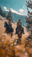 Couple Horseback Riding in Bulgarian Mountains
