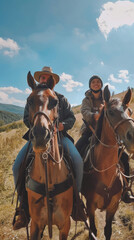 Fototapeta premium Man and Woman Riding Horses in Bulgarian Nature 