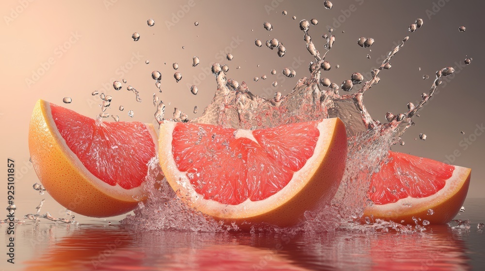 Poster a close up of a grapefruit with a splash of water surrounding it