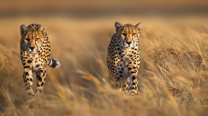 In a wild grassy field, two cheetahs are captured running and looking for prey.